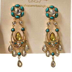 Amrita Singh Statement Green Turquoise Gold Plated Chandelier Earrings NWT